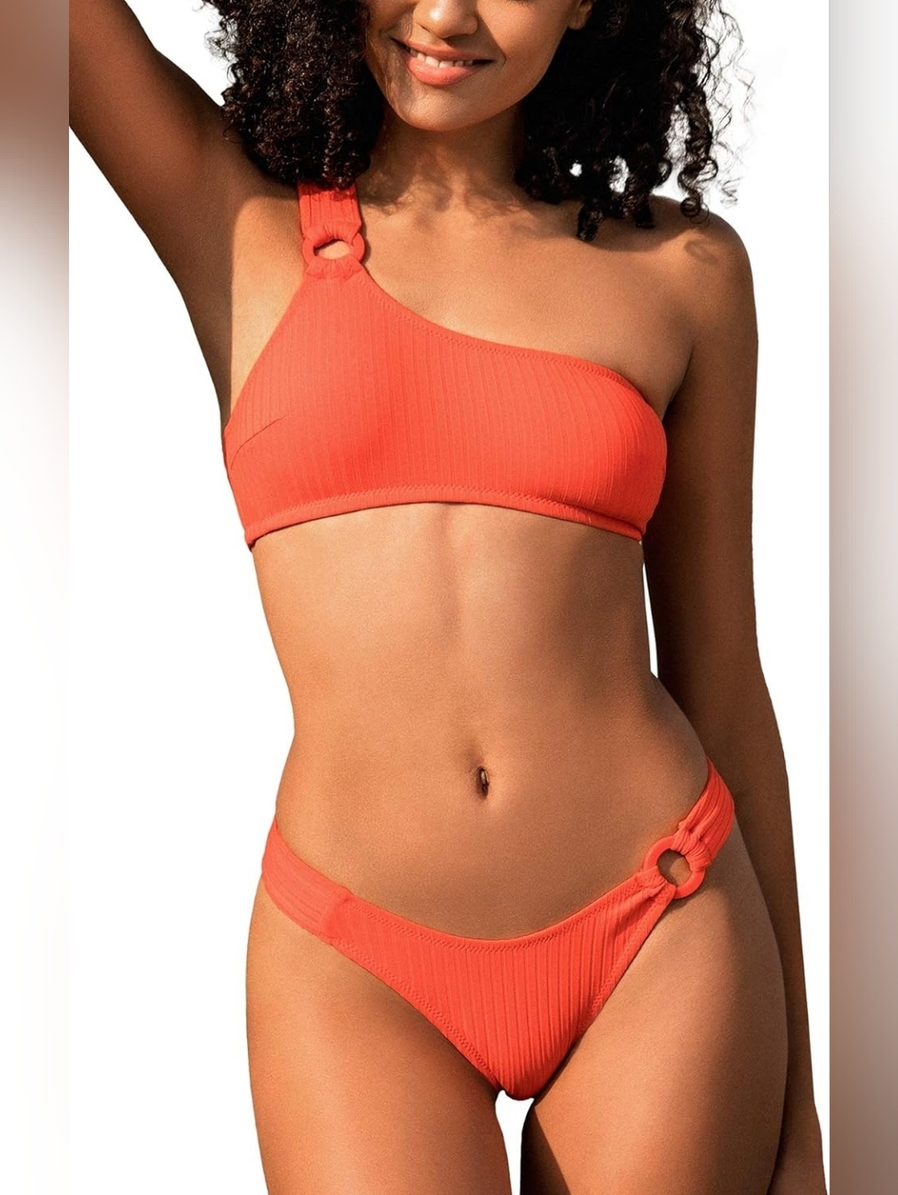 Cupshe One-Shoulder Coral Ribbed Bikini Set NWT